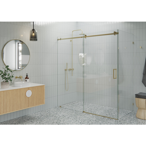 Nova 68 in. - 72 in. x 34 in. x 78 in. Frameless Sliding Shower Door with Return Panel and Square Hardware Satin Brass