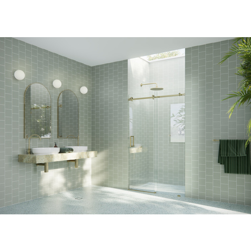 Astro 48 in. x 78 in. Fully Frameless Glass Sliding Shower Doors with Square Hardware Satin Brass