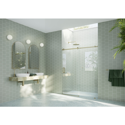 Astro 64 in. x 78 in. Fully Frameless Glass Sliding Shower Doors with Square Hardware Satin Brass