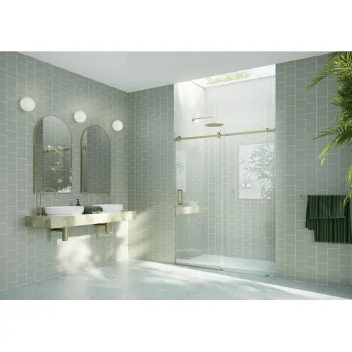 Astro 56 in. x 78 in. Fully Frameless Glass Sliding Shower Doors with Square Hardware Satin Brass