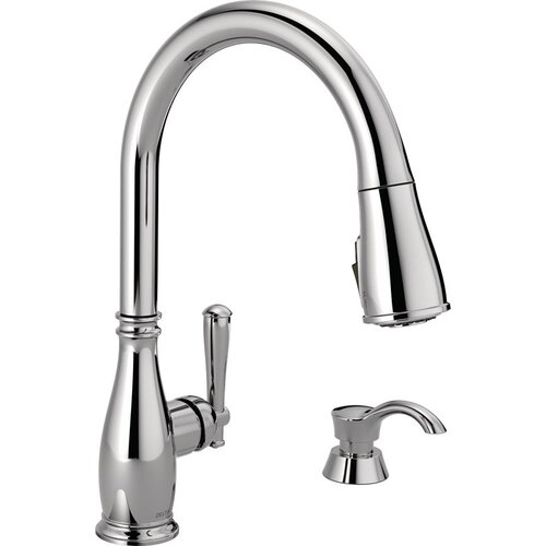 Delta Faucet 19962Z-SD-DST Charmaine Single Handle, High Arc Kitchen Faucet, Pull-Down Spray, ShieldSpray Technology, Soap Dispenser, Chrome