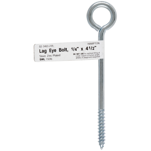 Lag Thread Eyebolt 1/4" X 4-1/2" L Zinc-Plated Steel Zinc-Plated