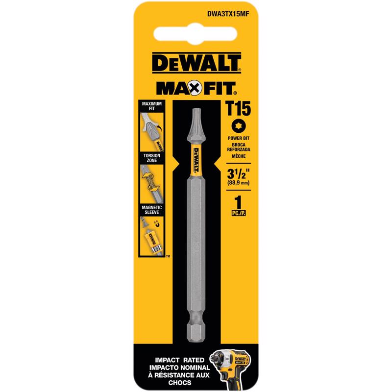 DEWALT DWA3TX15MF Screwdriver Bit Max Fit Torx #15 X 3-1/2" L S2 Tool Steel