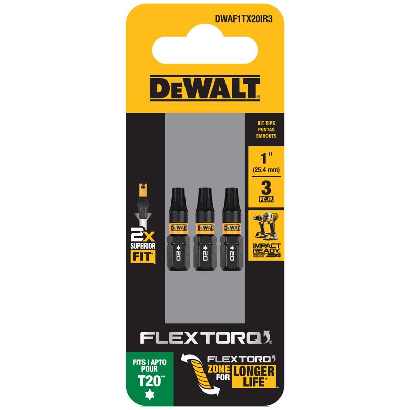 DEWALT DWAF1TX20IR3 Impact Driver Bit Set FlexTorq Torx T20 X 1" L Steel