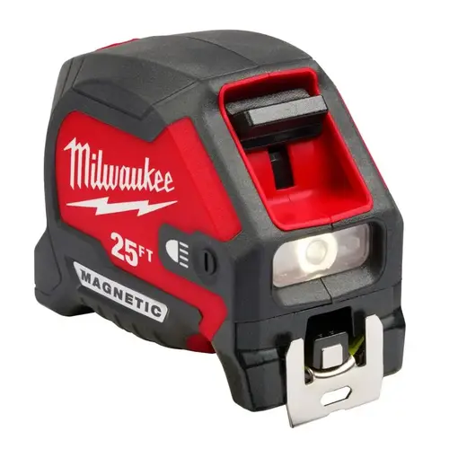 Magnetic Tape Measure 25 ft. L X 1-1/16" W Compact Wide Blade with LED Light Black/Red