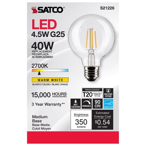 Satco S21226 Filament LED Bulb G25 E26 (Medium) Warm White 40 Watt Equivalence Clear
