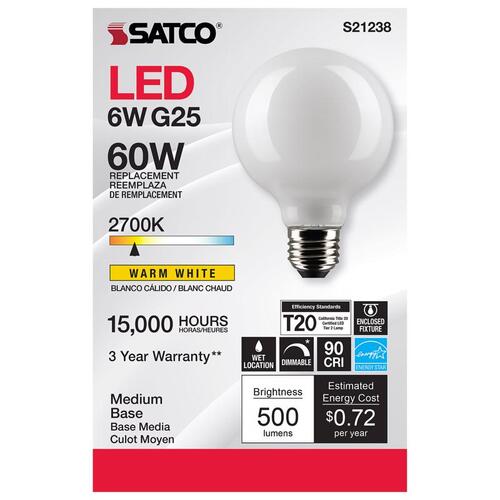 Satco S21238 Filament LED Bulb G25 E26 (Medium) Warm White 60 Watt Equivalence White