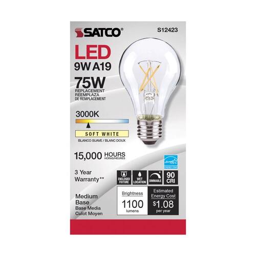 Filament LED Bulb A19 E26 (Medium) Soft White 75 Watt Equivalence Glass