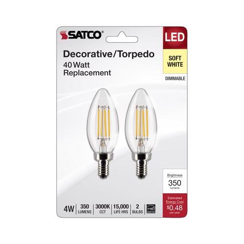 Satco S21820 Filament LED Bulb B11 E12 (Candelabra) Soft White 40 Watt Equivalence Clear