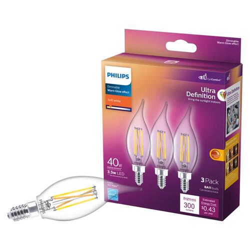 Philips 566661 LED Light Bulb Ultra Definition BA11 E12 (Candelabra) Soft White 40 Watt Equivalence Clear