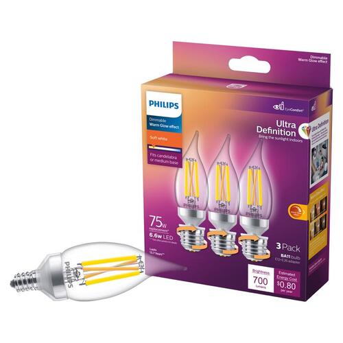 Philips 564492 LED Light Bulb BA11 E12 (Candelabra) Soft White 75 Watt Equivalence Clear