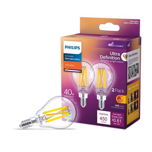 Philips 564450 LED Bulb Ultra Definition A15 E12 (Candelabra) Soft White 40 Watt Equivalence Clear