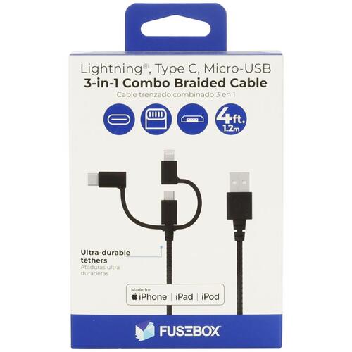 FuseBox 131 1521 FB4 USB Cable Black Braided For Apple iPod, iPhone, iPad 4 ft. L Black