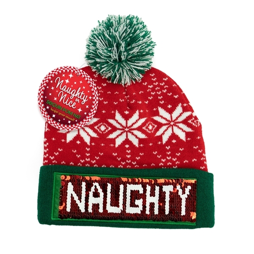 DM Merchandising XNNHT12 Hat Winter Naughty or Nice Santa Sequin Pom Green/Red One Size Fits Most Green/Red