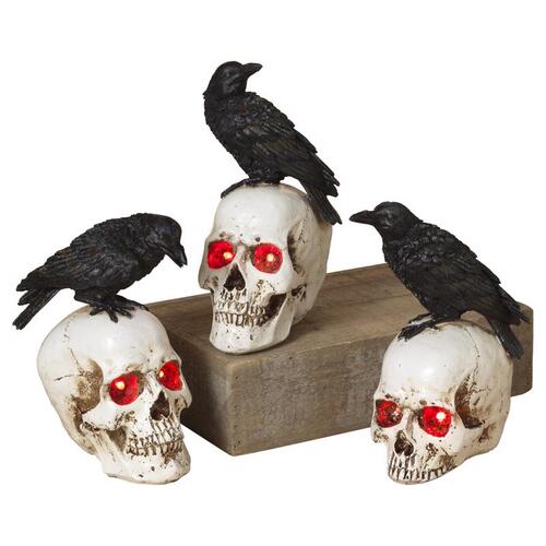 Gerson 2600820-XCP12 Halloween Decor 8" Prelit Skull with Crow - pack of 12