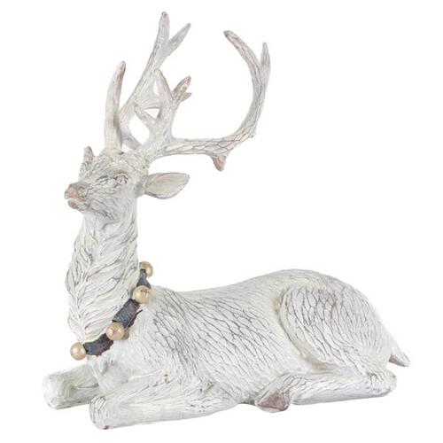 Figurine White Laying Holiday Deer 8" White