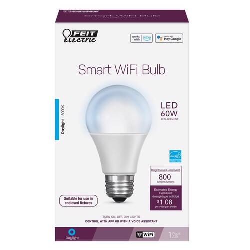 Smart Bulb, 9 W, Wi-Fi Connectivity: Yes, Voice Control, E26 Medium Lamp Base Frosted