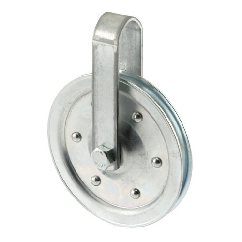 Pulley with Strap and Axle Bolt, 4 in Dia, 3/16 in Dia Bore, Galvanized Steel Silver