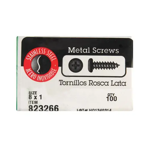 Sheet Metal Screws, Phillips Pan Head, Stainless Steel, #8 x 1-In - pack of 100 Silver