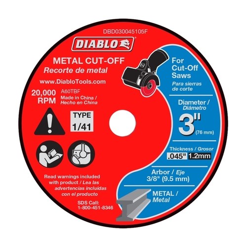 Diablo DBD030045105F Cut-Off Disc, 3 in Dia, 0.045 in Thick, 3/8 in Arbor, Aluminum Oxide Abrasive - pack of 5
