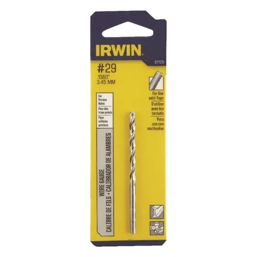 Irwin 81129 Jobber Drill Bit, 0.136 in Dia, 2-7/8 in OAL, Spiral Flute, 4-Flute, 0.136 in Dia Shank Bright