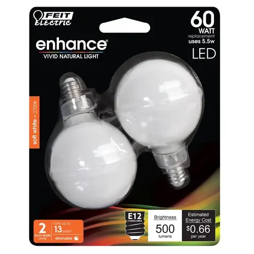 LED Light Bulb, G16.5 Mini Globe Lamp, 60 W Equivalent, E12 Candelabra Lamp Base, Frost White - pack of 2