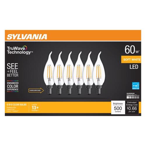 Sylvania 40773 TruWave Series LED Bulb B10 Lamp, B10 Lamp, 60 W Equivalent, E12 Candelabra Lamp Base, Dimmable, Clear - pack of 6