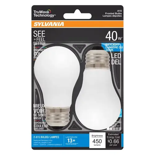 Natural LED Bulb, General Purpose, A15 Lamp, 40 W Equivalent, E26 Lamp Base, Dimmable, Frosted - pack of 2