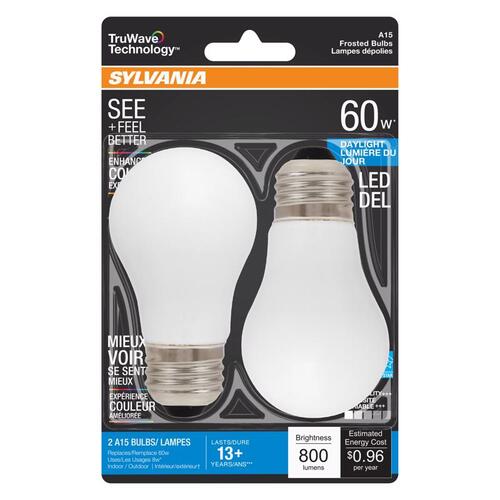 Natural LED Bulb, General Purpose, A15 Lamp, 60 W Equivalent, E26 Lamp Base, Dimmable, Frosted - pack of 2