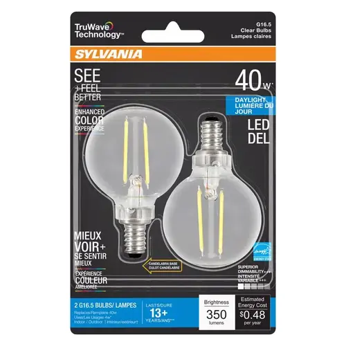 Natural LED Bulb, Decorative, G16.5 Lamp, 40 W Equivalent, E12 Lamp Base, Dimmable, Clear, Daylight Light - pack of 2