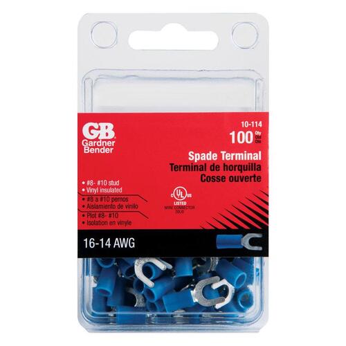 Spade Terminal, 600 V, 16 to 14 AWG Wire, #8 to 10 Stud, Vinyl Insulation, Blue - pack of 100