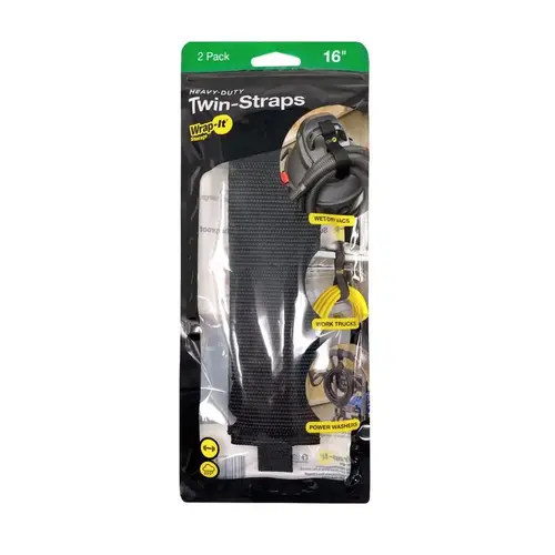 Wrap-It Storage 102-TWIN-16BL Cable Organizer Twin Straps 16" L Black Polypropylene Black