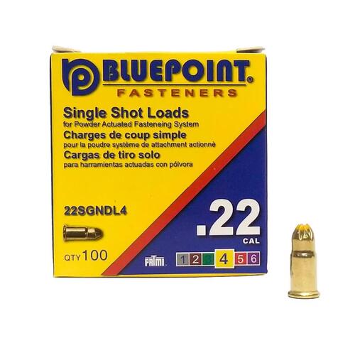 BLUE POINT FASTENING 22SGNDL4 Low Velocity Single Shot Load, 0.22 Caliber, Power Level: #4, Yellow Code, 1-Load - pack of 100