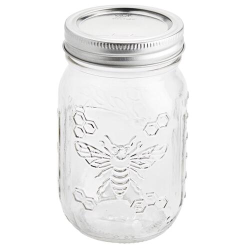 NEWELL BRANDS DISTRIBUTION LLC 2179436 Decorative Honeybee Keepsake Glass Canning Jars, Regular Mouth, 16 oz  pack of 4