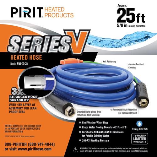 Pirit PWL-05-25 Heated Hose Series V 5/8" D X 25 ft. L Medium Duty Blue