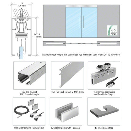 70 Series Synchronized Ceiling Mount Bi-Parting Pocket Slider Kit Satin Anodized