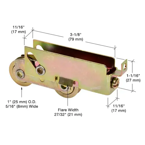 1" Tandem Steel Sliding Glass Door Roller with 11/16" Wide Housing for Pacific Doors