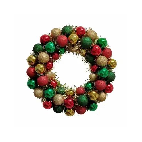 16" Red/Gold/Green Glitter Ball Wreath with gold tinsel