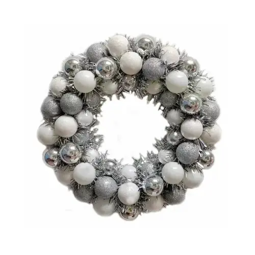 16" Silver & White Glitter Ball Wreath with silver tinsel