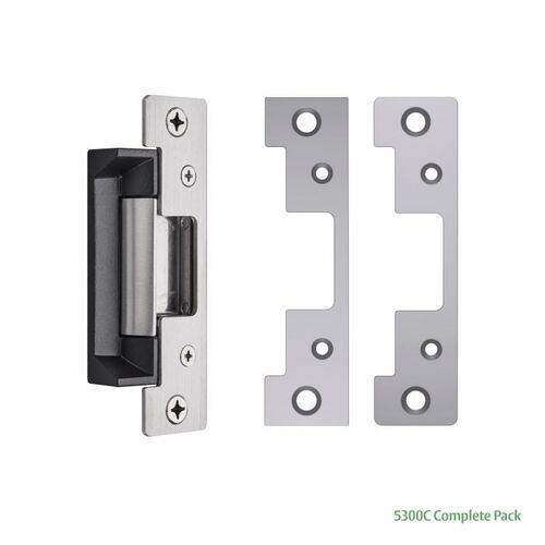 Electric Strike 12/24VDC, UL Fire Rated, Cylindrical Latches Max 5/8" Throw, 2 Faceplates: 501 & 501A (4-7/8" x 1-1/4") Satin Stainless Steel