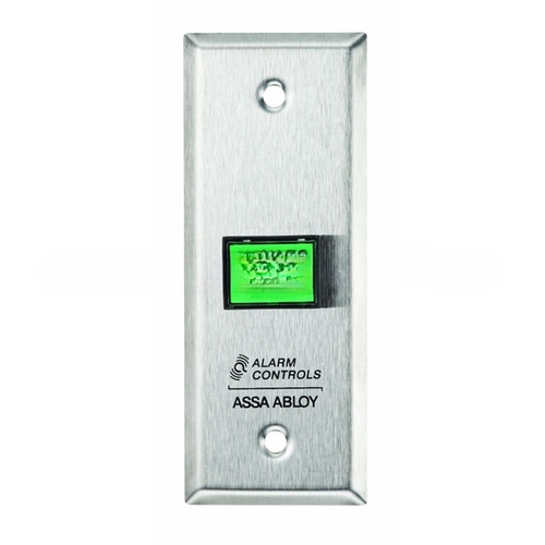 Narrow Green Square Push to Exit Button Satin Stainless Steel Finish
