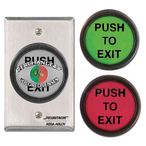 Securitron PB5E 2" Push Button Round Momentary Single Gang DPST, without Light and Red / Green / Handicap Satin Stainless Steel Finish