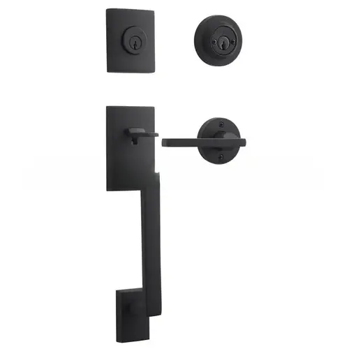 Double Cylinder La Jolla Handleset with Right Hand Square Lever and Contemporary Round Rose Satin Black Finish