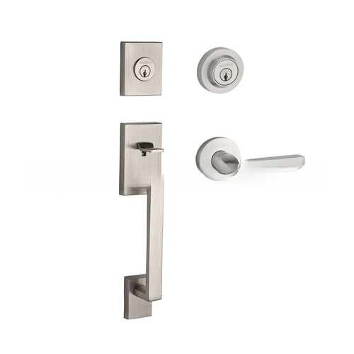 Double Cylinder La Jolla Handleset with Square Lever and Contemporary Round Rose with 6AL Latch and Dual Strike and SmartKey Satin Nickel Finish