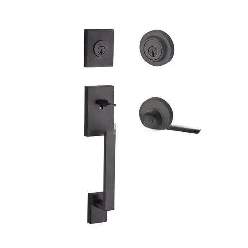 Double Cylinder La Jolla Handleset with Square Lever and Contemporary Round Rose with 6AL Latch and Dual Strike with SmartKey Venetian Bronze Finish