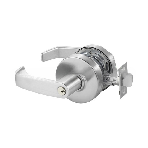 Classroom Cylindrical Lock Grade 2 with L Lever and L Rose with T Strike and LA Keyway Satin Chrome Finish