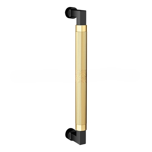 10" Contemporary Knurled Grip Door Pull with Unlacquered Brass Pull Grip On The Satin Black Finish