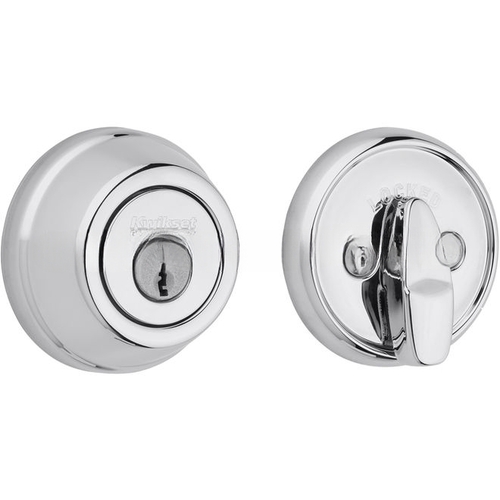 Single Cylinder Deadbolt with 6AL Latch and STRKP Strike Pack which includes Square Corner, Round Corner and 5303 Round Corner Full Lip Strikes Bright Chrome Finish