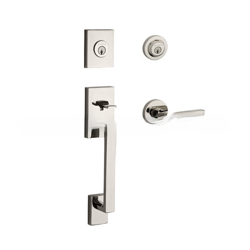 Double Cylinder La Jolla Handleset with Square Lever and Contemporary Round Rose with 6AL Latch and Dual Strike Lifetime Bright Nickel Finish