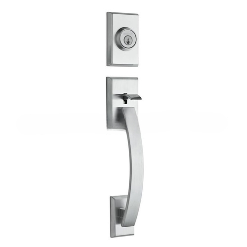 Tavaris Single Cylinder Exterior Handleset SmartKey with 6AL Latch and STRKP Strike Pack which includes Square Corner, Round Corner and 5303 Round Corner Full Lip Strikes Satin Chrome Finish